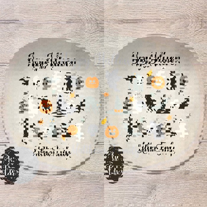 Halloween Personalized Serving Platter | Custom Fall Hosting Decor | Bats, Ghosts, Jack-O-Lantern, Black Cat & Skulls