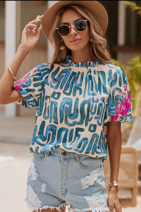 Abstract Embroidered Puff Sleeve Blouse