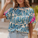 XL Abstract Abstract Embroidered Puff Sleeve Blouse