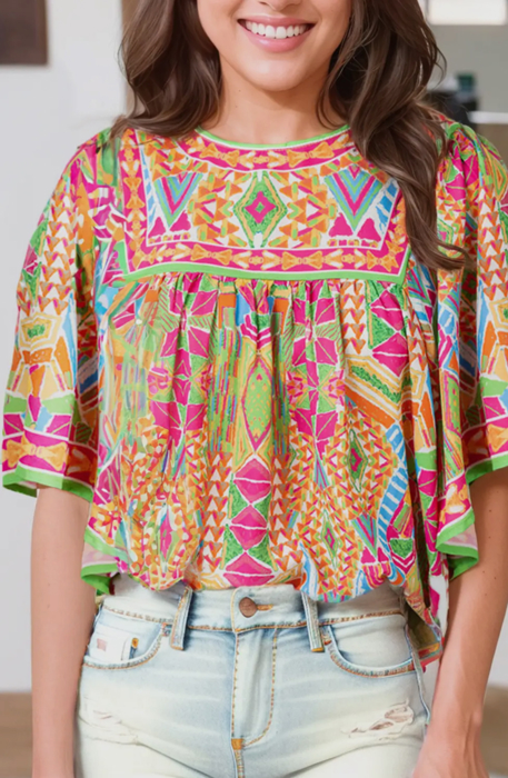 Geometric Bell Sleeve Blouse