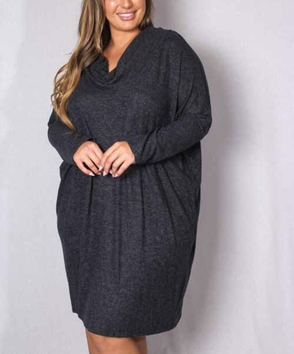 PLUS SIZE Long Sleeve Cowl Neck Mini Dress