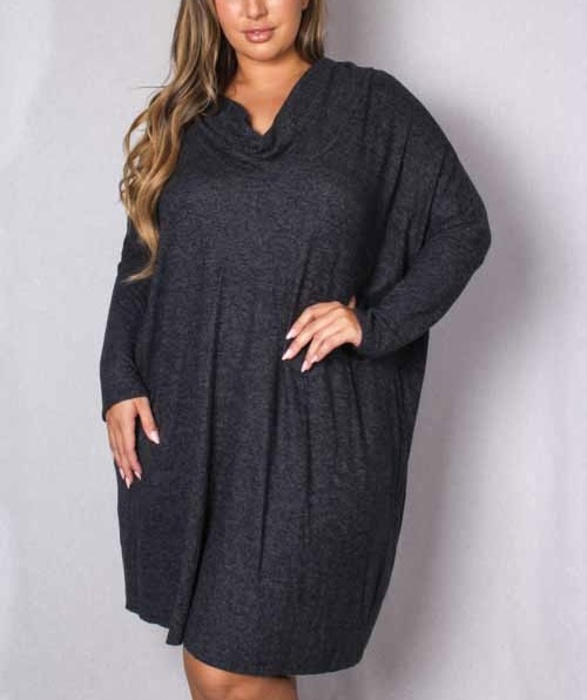 PLUS SIZE Long Sleeve Cowl Neck Mini Dress