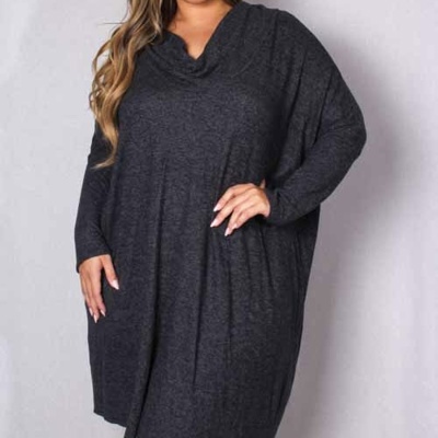 PLUS SIZE Long Sleeve Cowl Neck Mini Dress