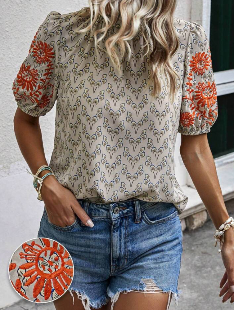 Embroidered Sleeve Print Blouse