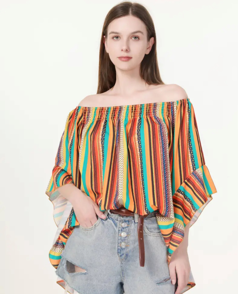 Bohemian Rainbow Ruffle Sleeve Blouse