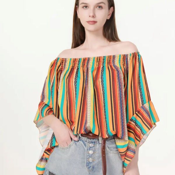 Bohemian Rainbow Ruffle Sleeve Blouse