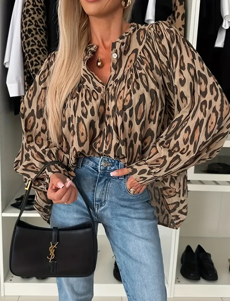 Leopard Balloon Sleeve Blouse