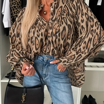 Leopard Balloon Sleeve Blouse