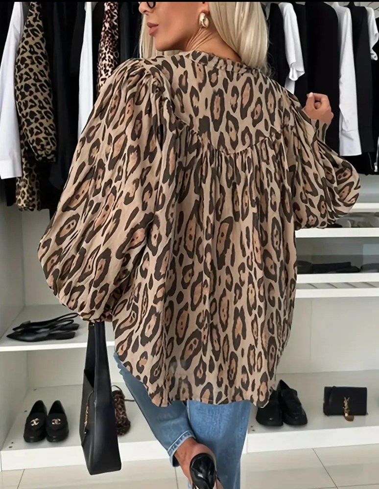 Leopard Balloon Sleeve Blouse