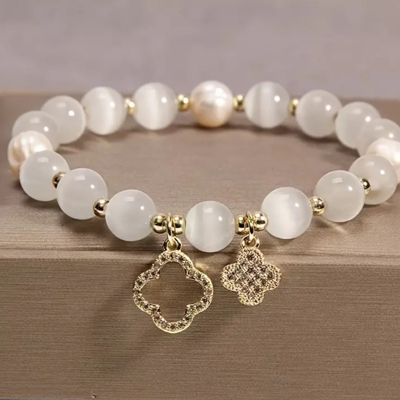  Cat's Eye Stone/Faux Pearl Bracelet with Clover Accents