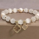   Cat's Eye Stone/Faux Pearl Bracelet with Clover Accents