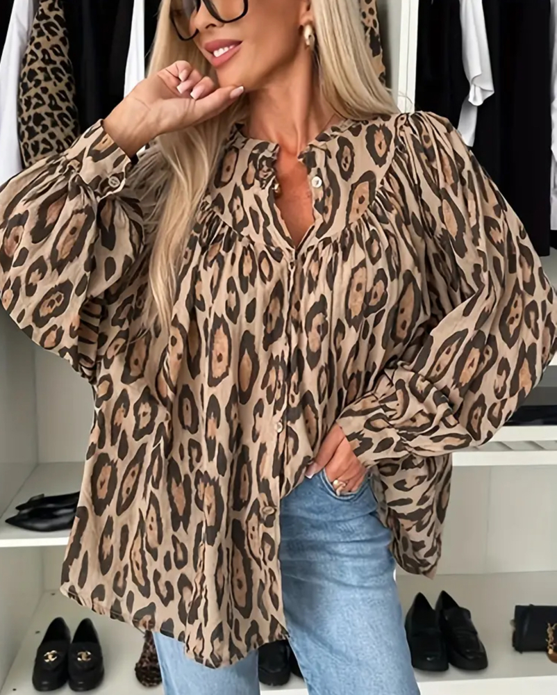 Leopard Balloon Sleeve Blouse