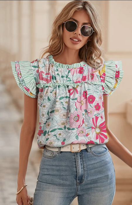 Hello Spring Floral Contrast Ruffle Sleeve Blouse