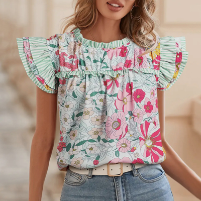 Hello Spring Floral Contrast Ruffle Sleeve Blouse