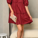  Burgundy Puffed Sleeve Babydoll Dress