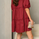 Small Burgundy Burgundy Puffed Sleeve Babydoll Dress