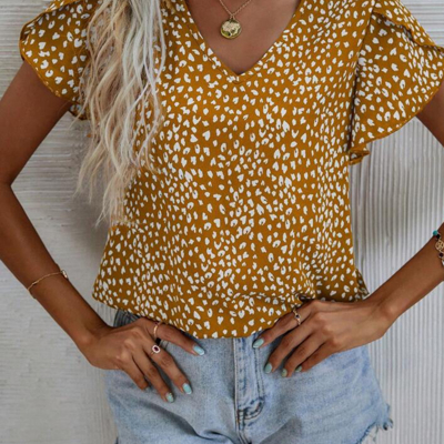 Beautiful Mustard Polka Dot Flutter Sleeve Blouse