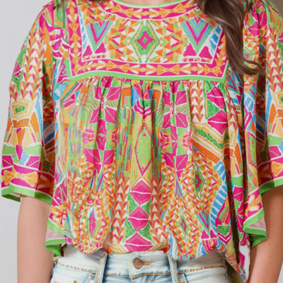 Geometric Bell Sleeve Blouse