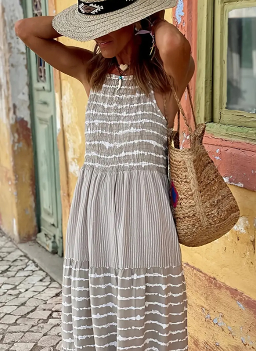 Chic Summer Gray Striped Maxi Dress