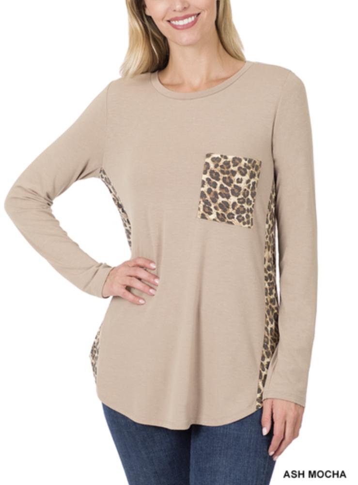 Zenana Contrast Leopard Pocket Top