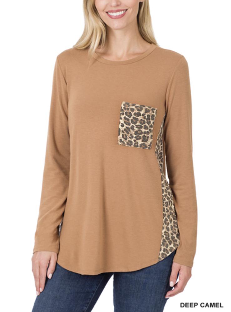 Zenana Contrast Leopard Pocket Top