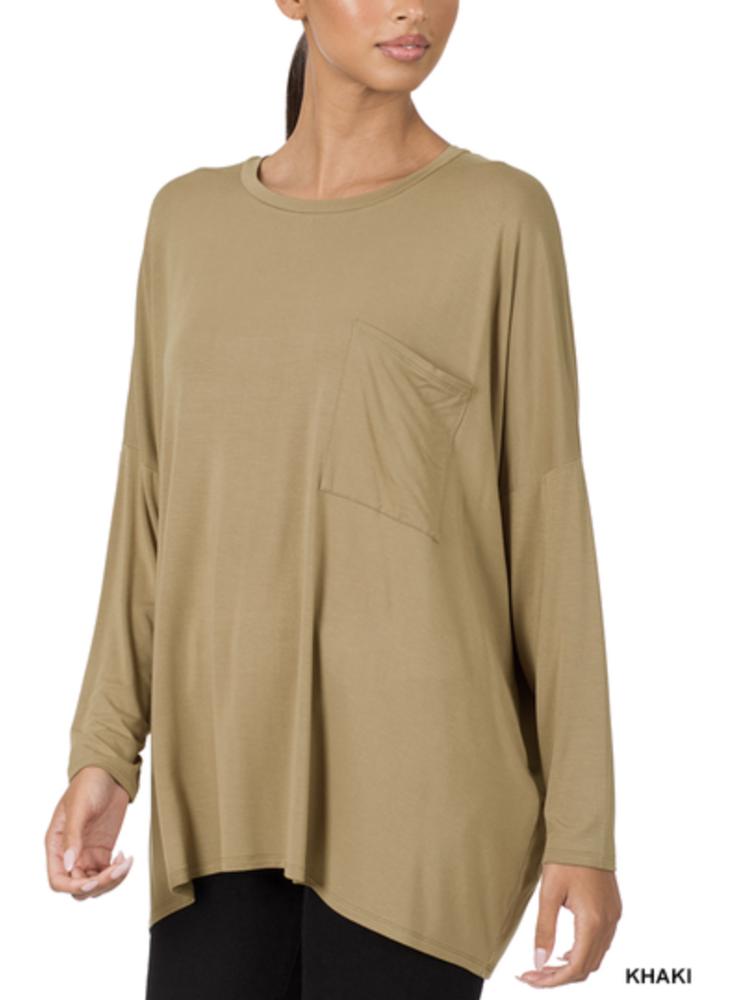 Zenana Long Sleeved Oversize Tee with Front Pocket