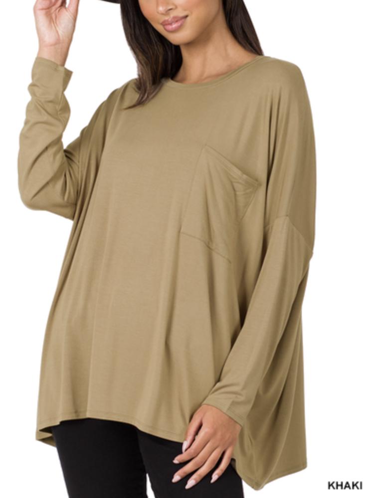 Zenana Long Sleeved Oversize Tee with Front Pocket