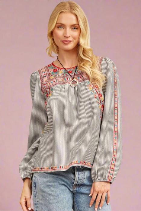 Savanna Jane Embroidered Charcoal Striped Wildflower Balloon Sleeved Blouse