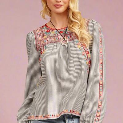 Savanna Jane Embroidered Charcoal Striped Wildflower Balloon Sleeved Blouse