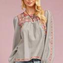  Savanna Jane Embroidered Charcoal Striped Wildflower Balloon Sleeved Blouse