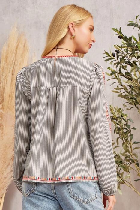 Savanna Jane Embroidered Charcoal Striped Wildflower Balloon Sleeved Blouse