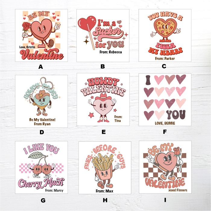 Personalized Retro 2 Valentine's 2.5 inch Stickers, Retro 2 Valentine's Stickers, Square Valentine Stickers| Set of 24