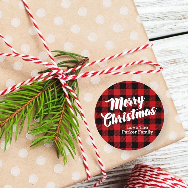 Christmas Buffalo Plaid Red Favor Sticker Set 2.5"| Personalized