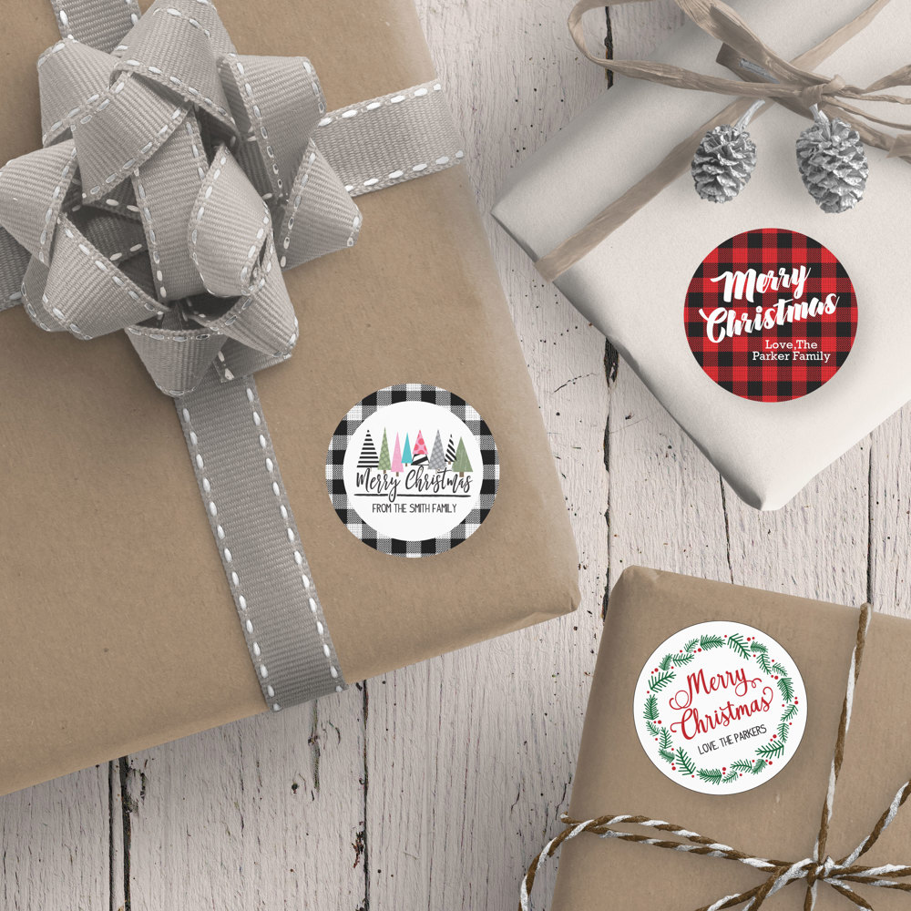 Christmas Buffalo Plaid Red Favor Sticker Set 2.5"| Personalized