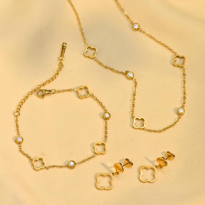 Clover Set of Necklace, Bracelet and Earrings - Stainless Steel