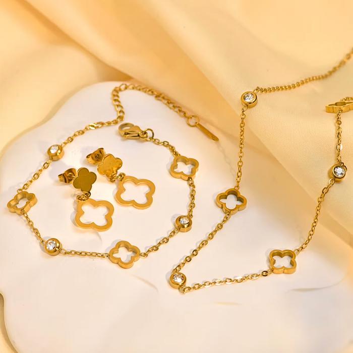 Clover Set of Necklace, Bracelet and Earrings - Stainless Steel