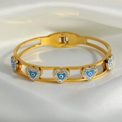 Heart Evil Eye Bangle Bracelet - Stainless Steel