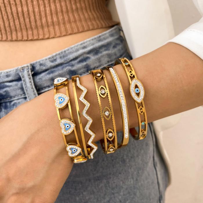 Ribbed Evil Eye Bangle Bracelet - Stainless Steel