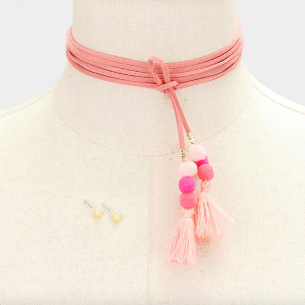 Tassel Choker Necklace & Earrings Set - Light Pink