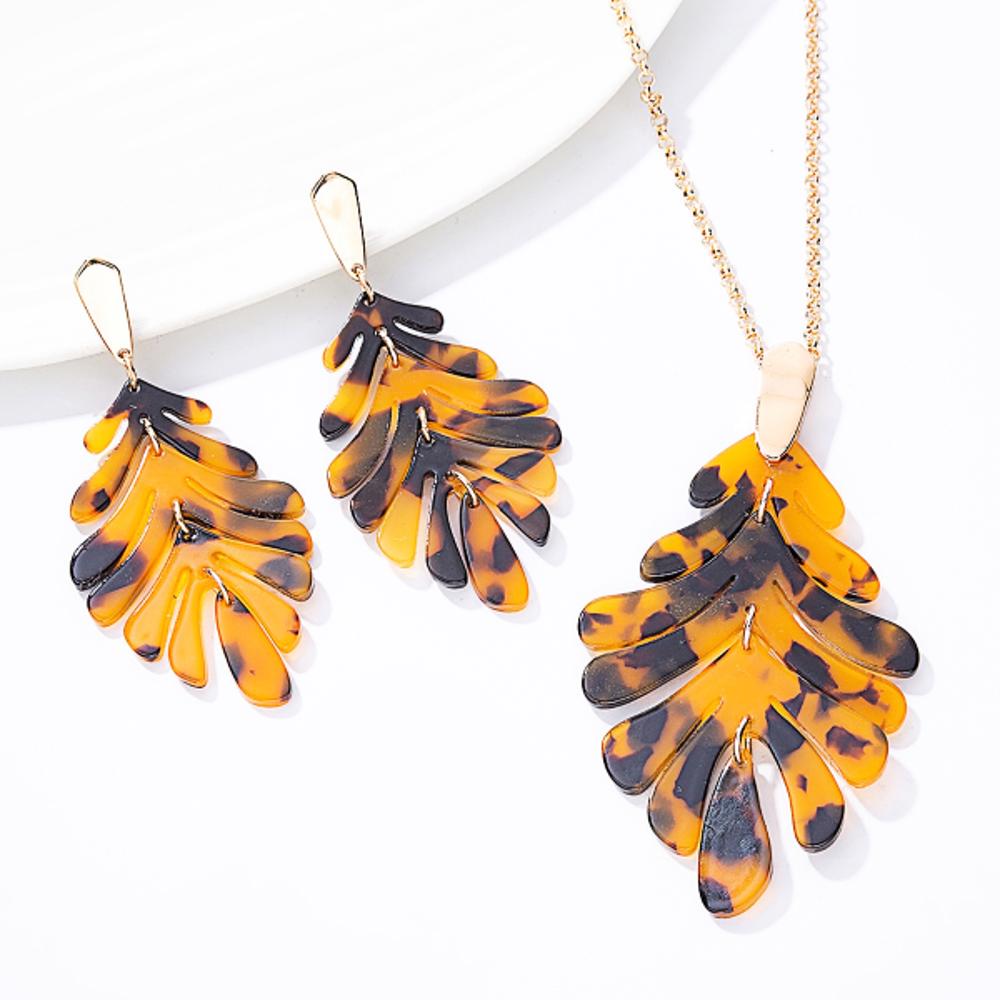 Leaf Necklace and Earrings  Set - Tortoise