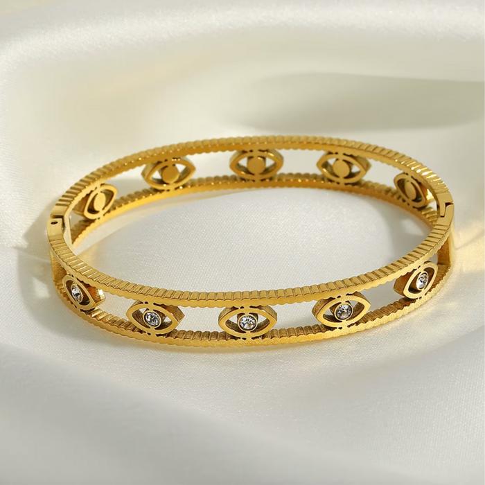 Ribbed Evil Eye Bangle Bracelet - Stainless Steel