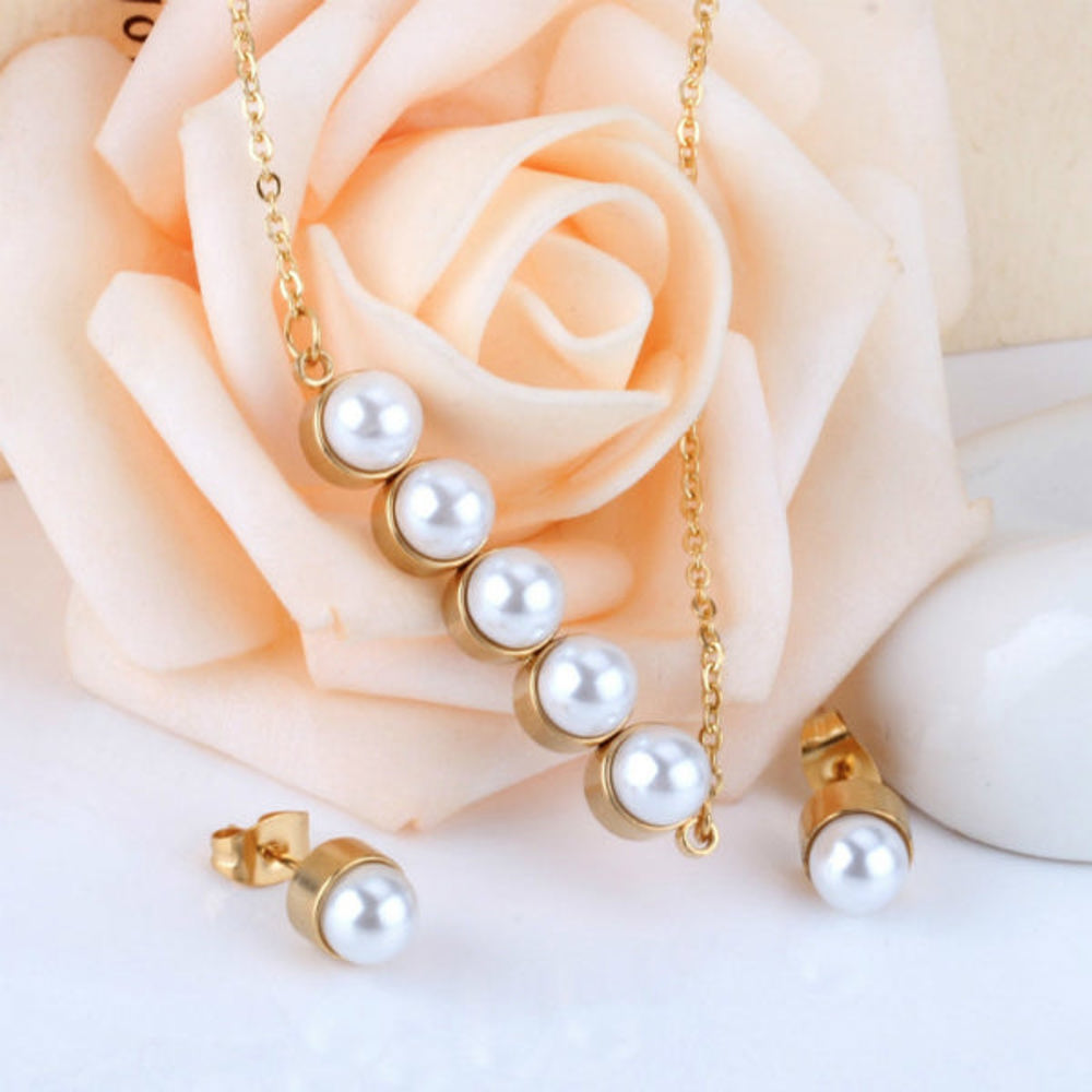 Grand Pearl Necklace + Earrings Set - Stainless Steel