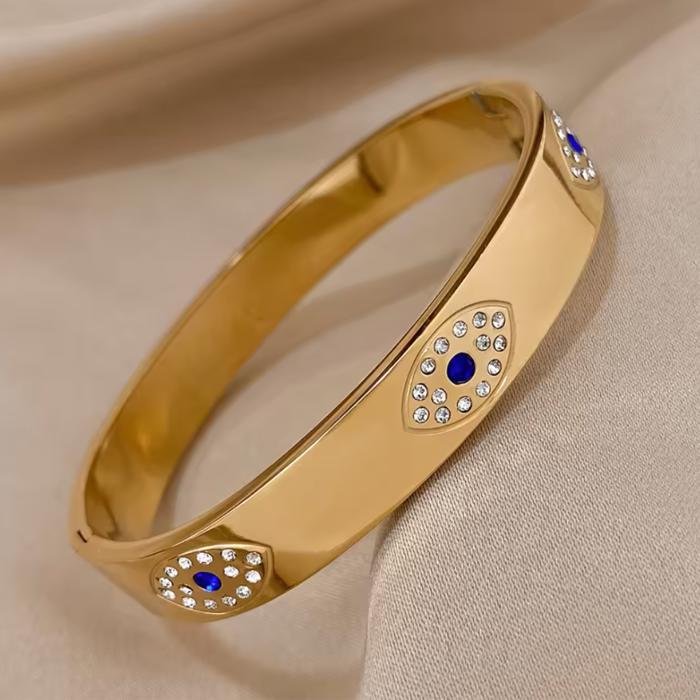 Wide Evil Eye Bangle Bracelet - Stainless Steel