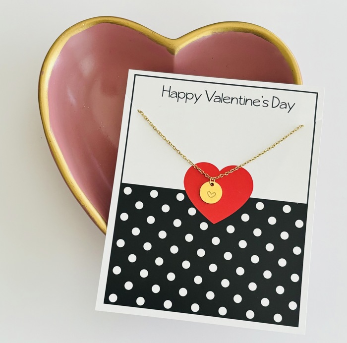 Valentine Stamped Heart Pendant Necklace & Stationery Card