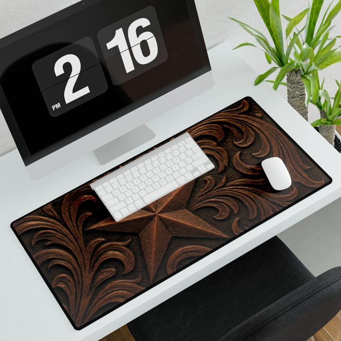 Tooled Leather-Look Western Star Desk Mat/Gaming Pad