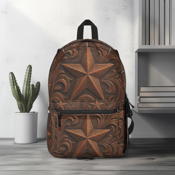 Tooled Leather Look Backpack, Western Star School Bag