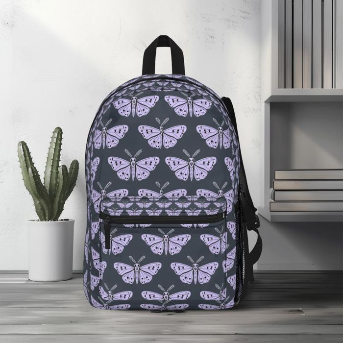 Lavender Moths Backpack, Artistic Boho School Bag