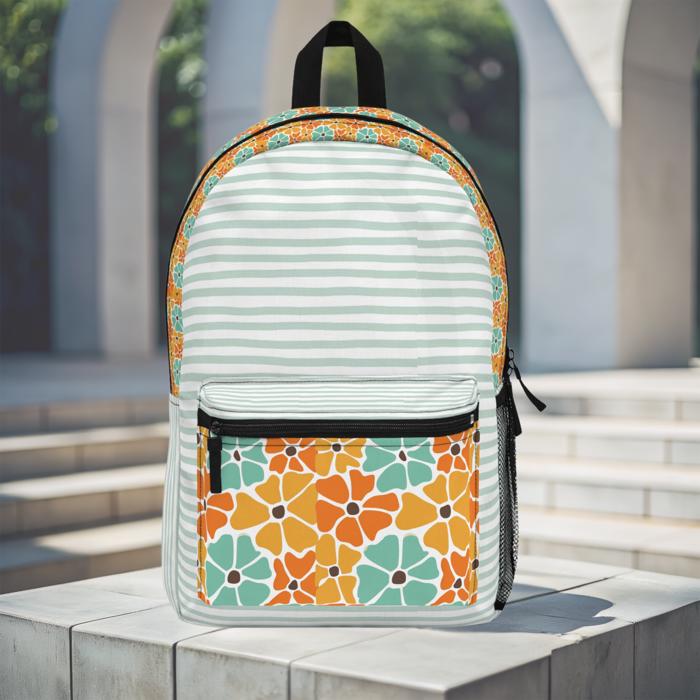 Boho Flowers and Stripes Custom Name Backpack