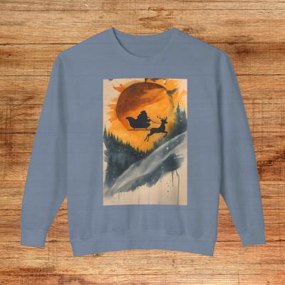 Artistic Santa Sleigh Sweatshirt, Comfort Colors Lightweight Holiday Crewneck
