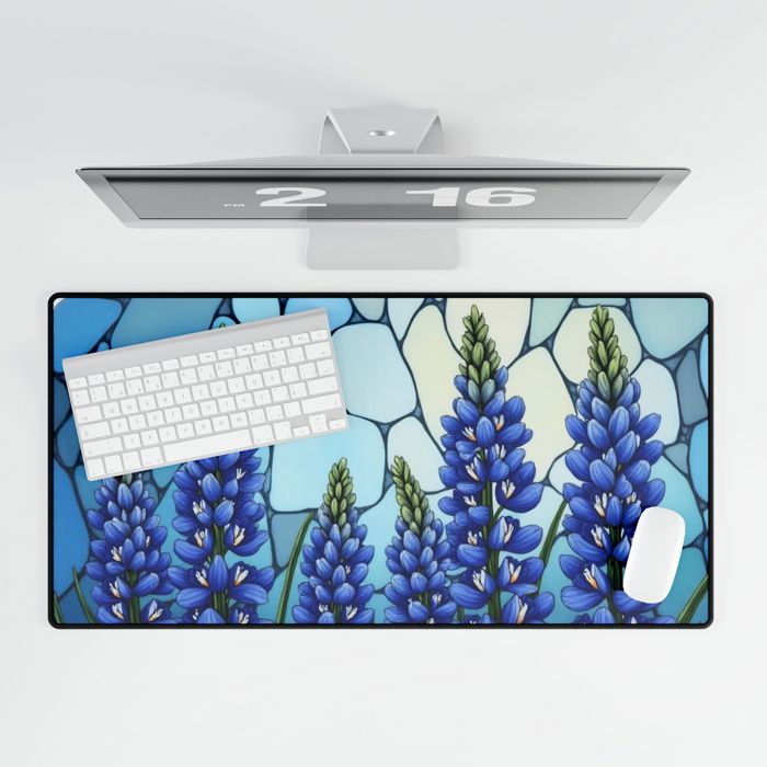 Bluebonnets Stained Glass Style Desk Mat, Large Gaming Pad